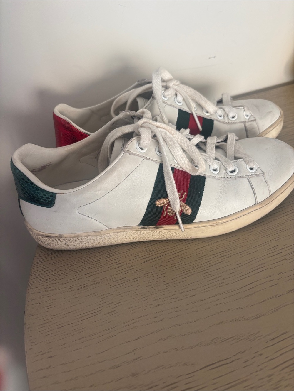 Gucci White Leather Sneakers with Green & Red Stripe and Gold Bee